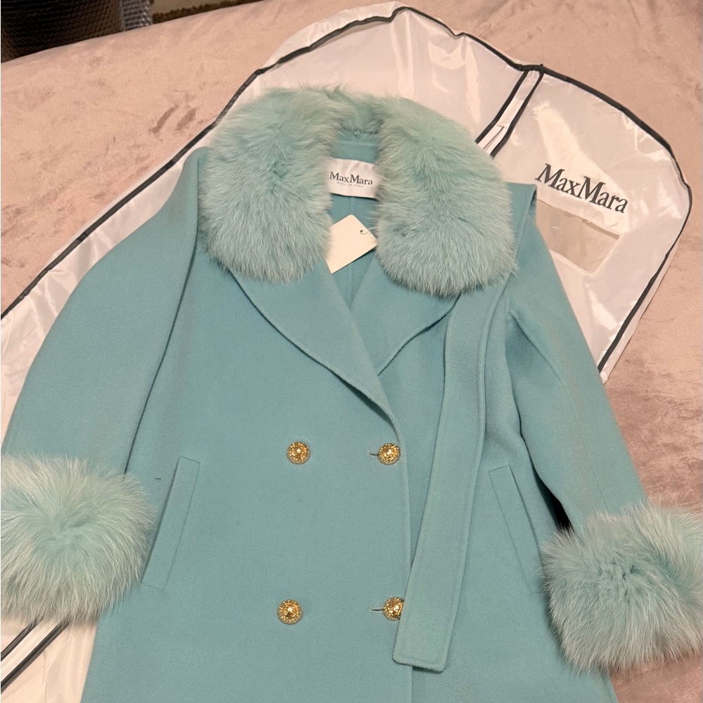 MaxMara Light Blue Trench Coat with Fur Accents